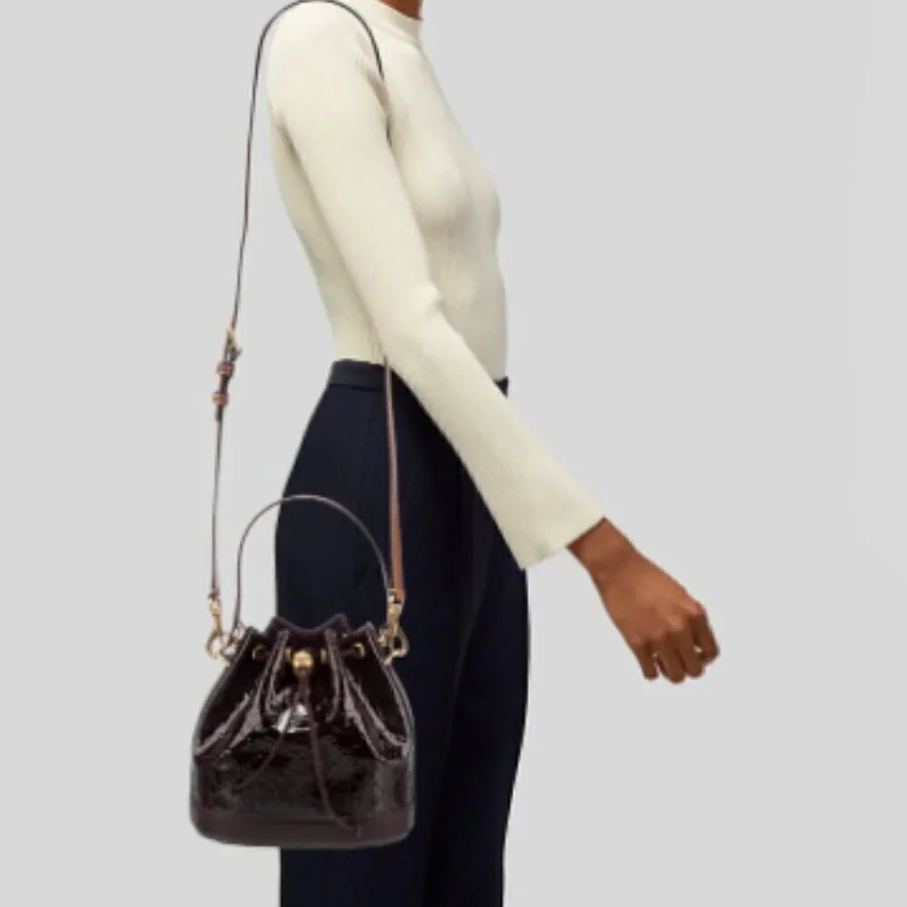 NWT! New! Tory Burch T Monogram Embroidered Patent Bucket Bag -BLACK Large